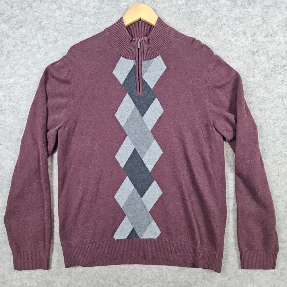 Alfani Men's Quarter 1/4 Zip Sweater‎ Size L Burgundy 100% Cotton Argyle Preppy